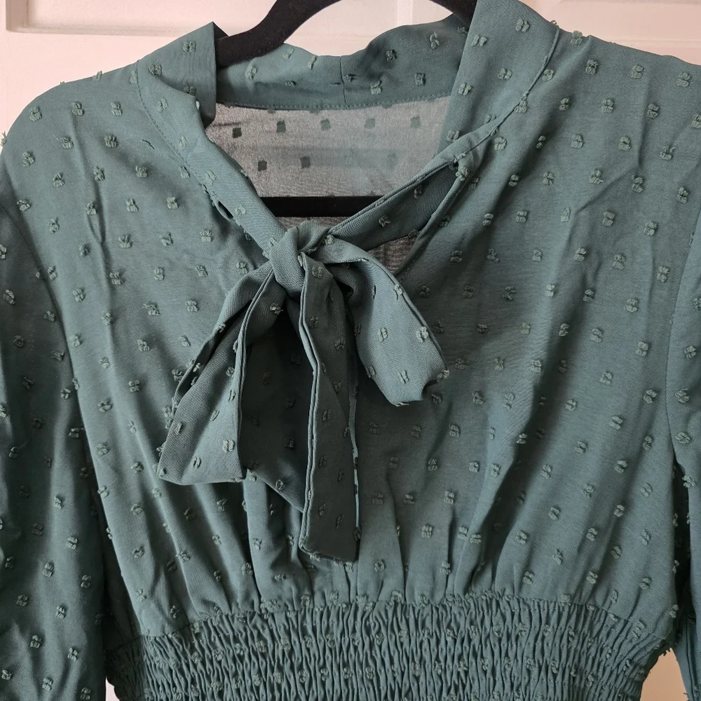 Green Long Sleeve Tie Neck Dress Women’s XL Cottagecore Fall Mini Dress - Picture 2 of 4
